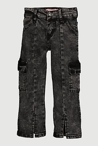 Little Girls Acid Wash Straight Leg Cargo Jeans, Grey, Size 5