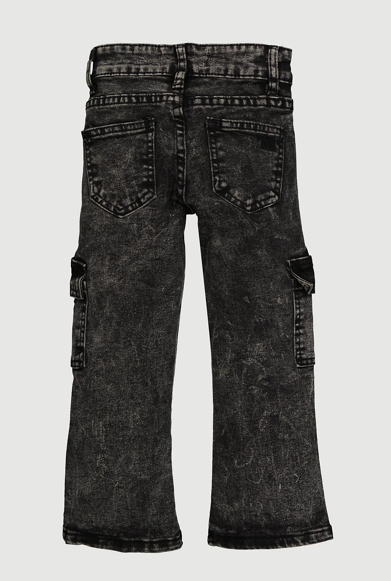 Little Girls Acid Wash Straight Leg Cargo Jeans, Grey, Size 6X