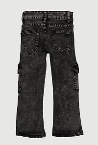 Little Girls Acid Wash Straight Leg Cargo Jeans, Grey, Size 6X