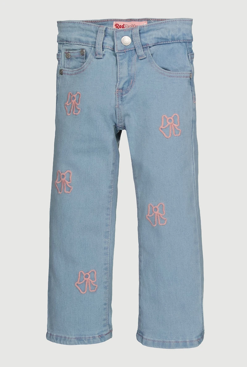 Little Girls Embroidered Bow Jeans, Blue, Size 5