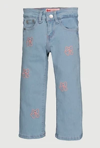 Little Girls Embroidered Bow Jeans, Blue, Size 5