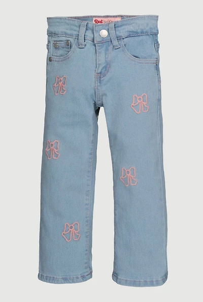 Little Girls Embroidered Bow Jeans, Blue, Size 4