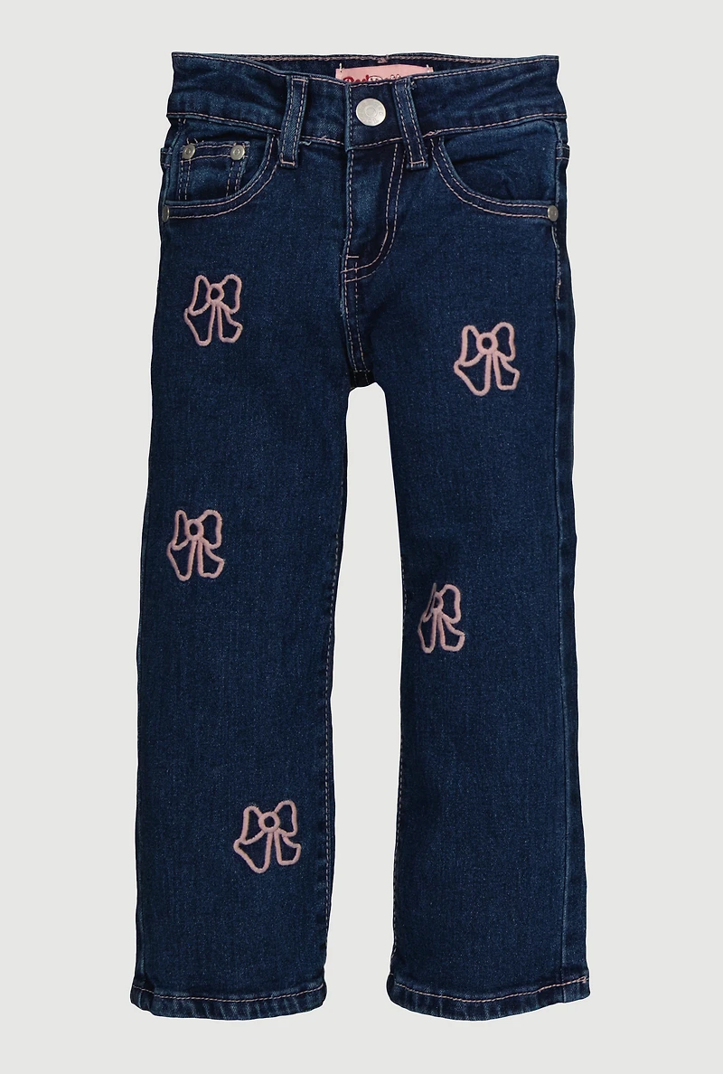 Little Girls Embroidered Bow Jeans, Blue,