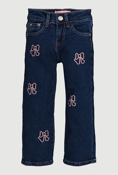 Little Girls Embroidered Bow Jeans, Blue,