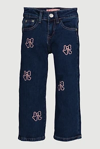 Little Girls Embroidered Bow Jeans, Blue,