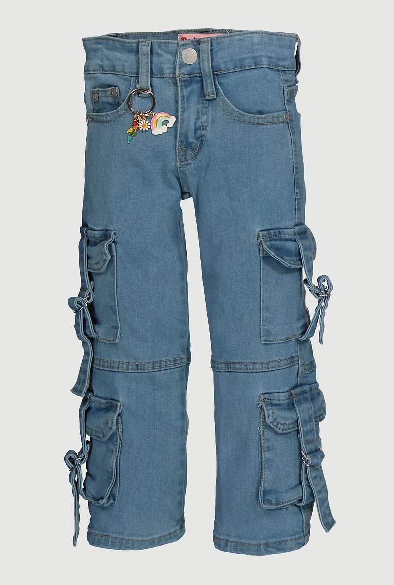 Little Girls Tabbed Cargo Jeans with Keychain, Blue, Size 6X