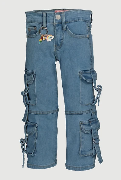 Little Girls Tabbed Cargo Jeans with Keychain, Blue, Size 6X