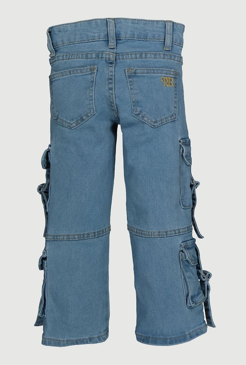 Little Girls Tabbed Cargo Jeans with Keychain, Blue, Size 6X