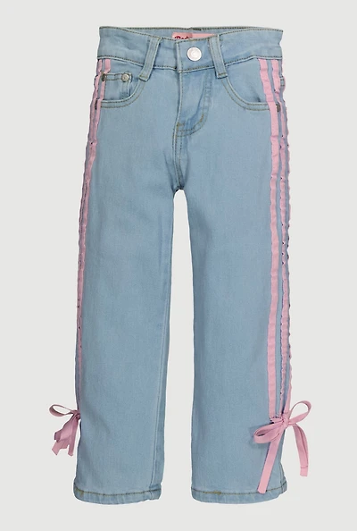 Little Girls Striped Side Tie Straight Leg Jeans, Blue, Size 4