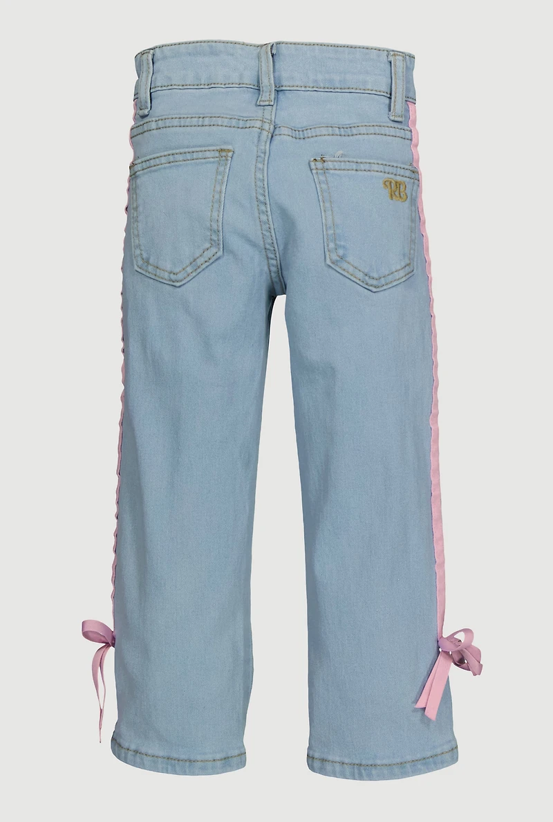 Little Girls Striped Side Tie Straight Leg Jeans, Blue, Size 4