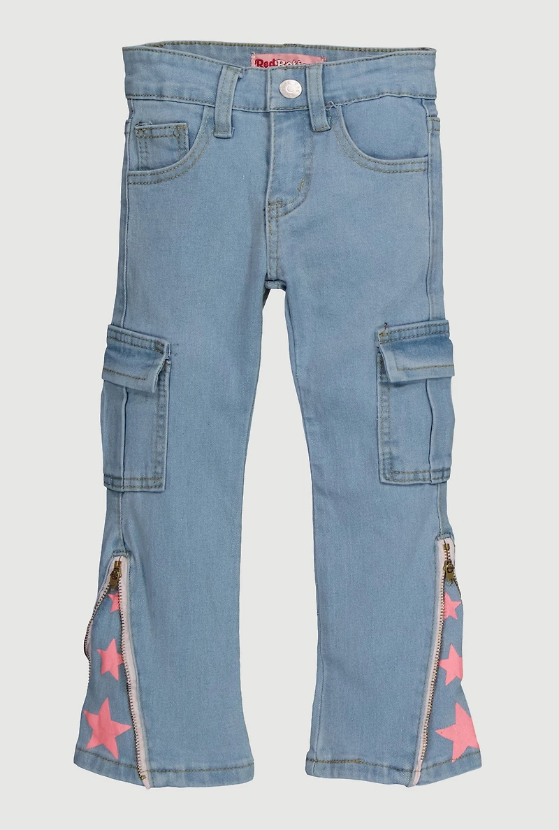 Little Girls Star Graphic Cargo Pocket Jeans, Blue, Size 4