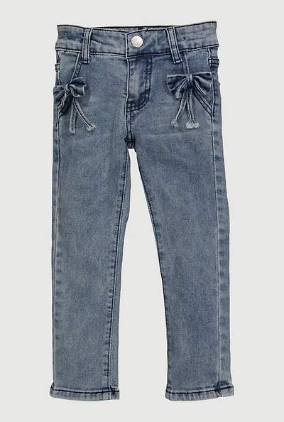Little Girls Mineral Wash Bow Detail Skinny Jeans, Blue, Size 6