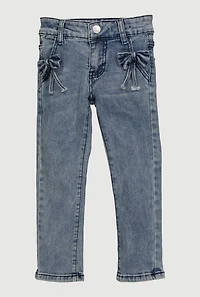 Little Girls Mineral Wash Bow Detail Skinny Jeans, Blue, Size 6X