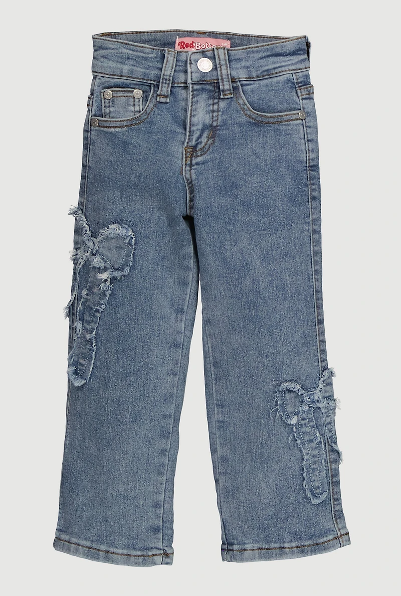 Little Girls Frayed Bow Patch Straight Leg Jeans, Blue, Size 6X