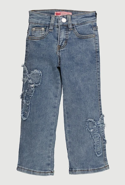 Little Girls Frayed Bow Patch Straight Leg Jeans, Blue, Size 6X