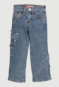 Little Girls Frayed Bow Patch Straight Leg Jeans, Blue, Size 6X