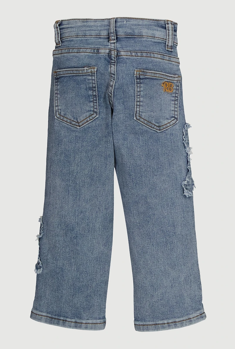 Little Girls Frayed Bow Patch Straight Leg Jeans, Blue,