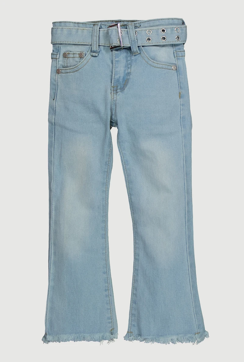 Little Girls Raw Hem Flare Jeans with Belt, Blue, Size 5