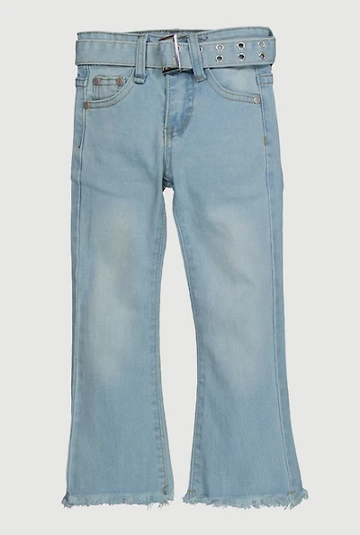 Little Girls Raw Hem Flare Jeans with Belt, Blue, Size 5