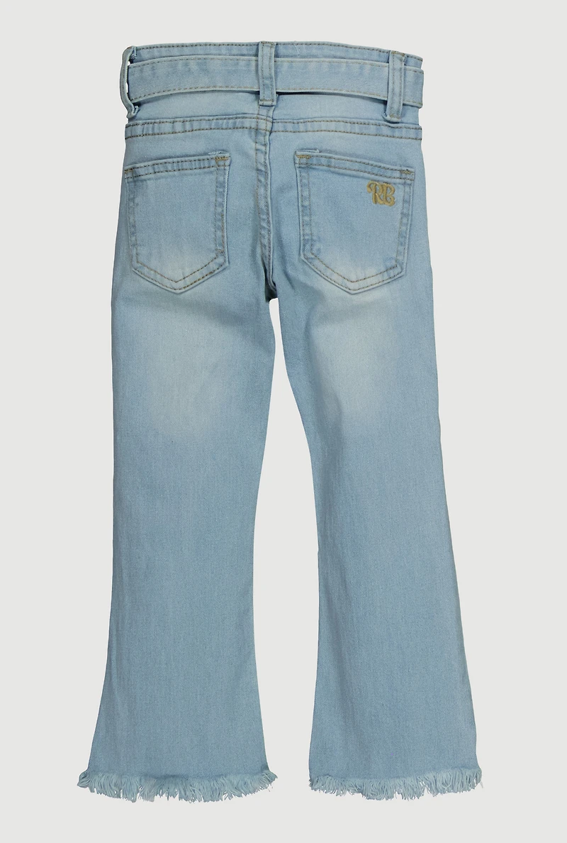 Little Girls Raw Hem Flare Jeans with Belt, Blue, Size 5
