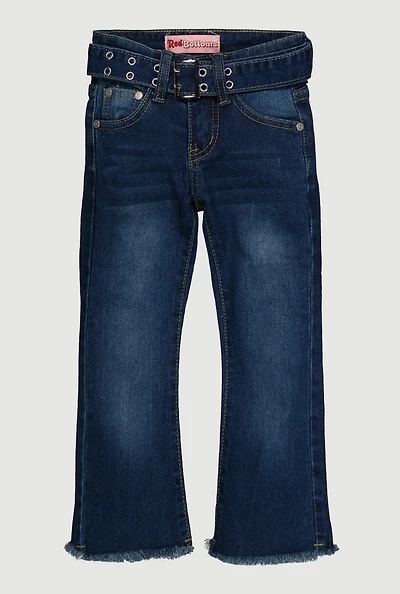 Little Girls Raw Hem Flare Jeans with Belt, Blue,