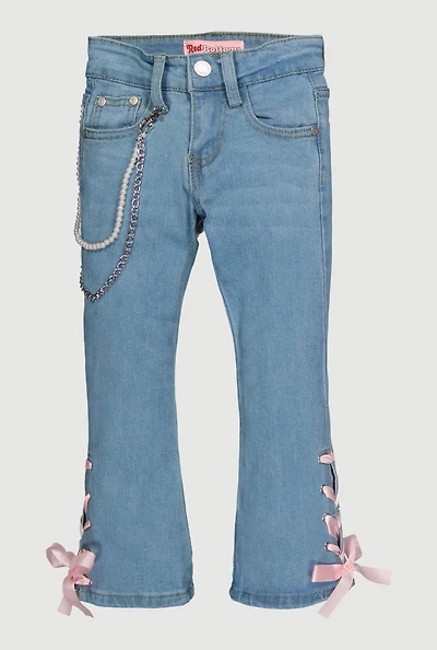 Little Girls Ribbon Detail Flare Jeans with Removeable Chain, Blue,
