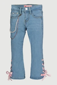 Little Girls Ribbon Detail Flare Jeans with Removeable Chain, Blue,
