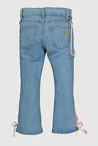 Little Girls Ribbon Detail Flare Jeans with Removeable Chain, Blue,