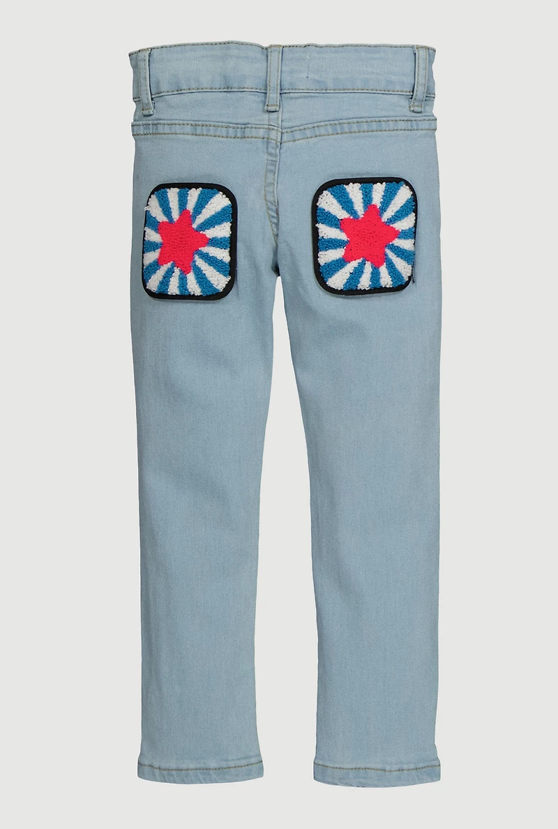 Little Girls Star Chenille Patch Skinny Jeans, Blue,