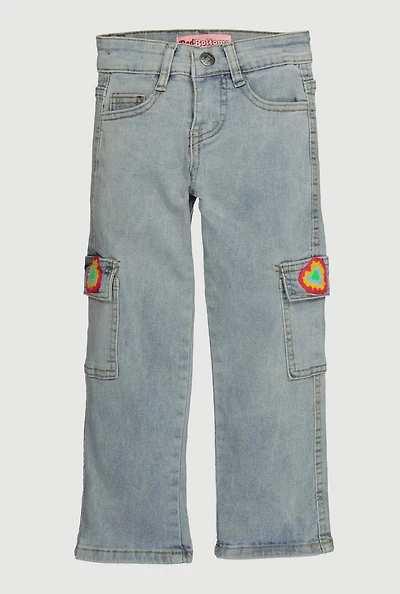 Little Girls Chenille Heart Patch Cargo Pocket Jeans, Blue, Size 5