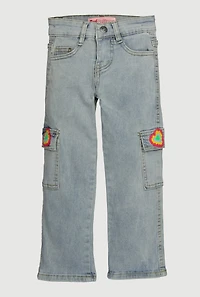 Little Girls Chenille Heart Patch Cargo Pocket Jeans, Blue, Size 6