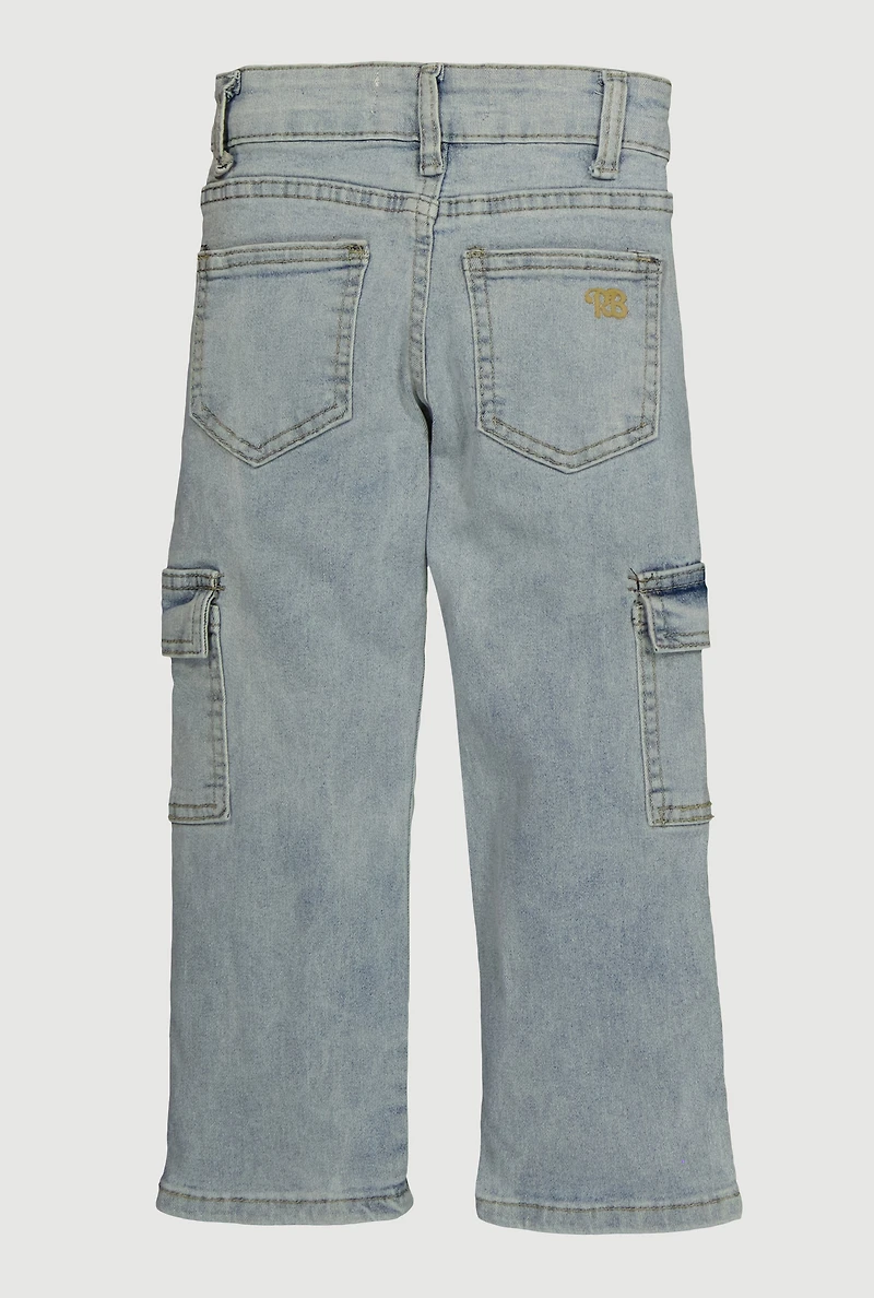 Little Girls Chenille Heart Patch Cargo Pocket Jeans, Blue, Size 6