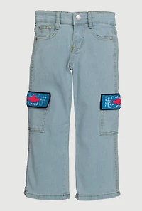 Little Girls Chenille Patch Cargo Pocket Straight Leg Jeans, Blue, Size 4