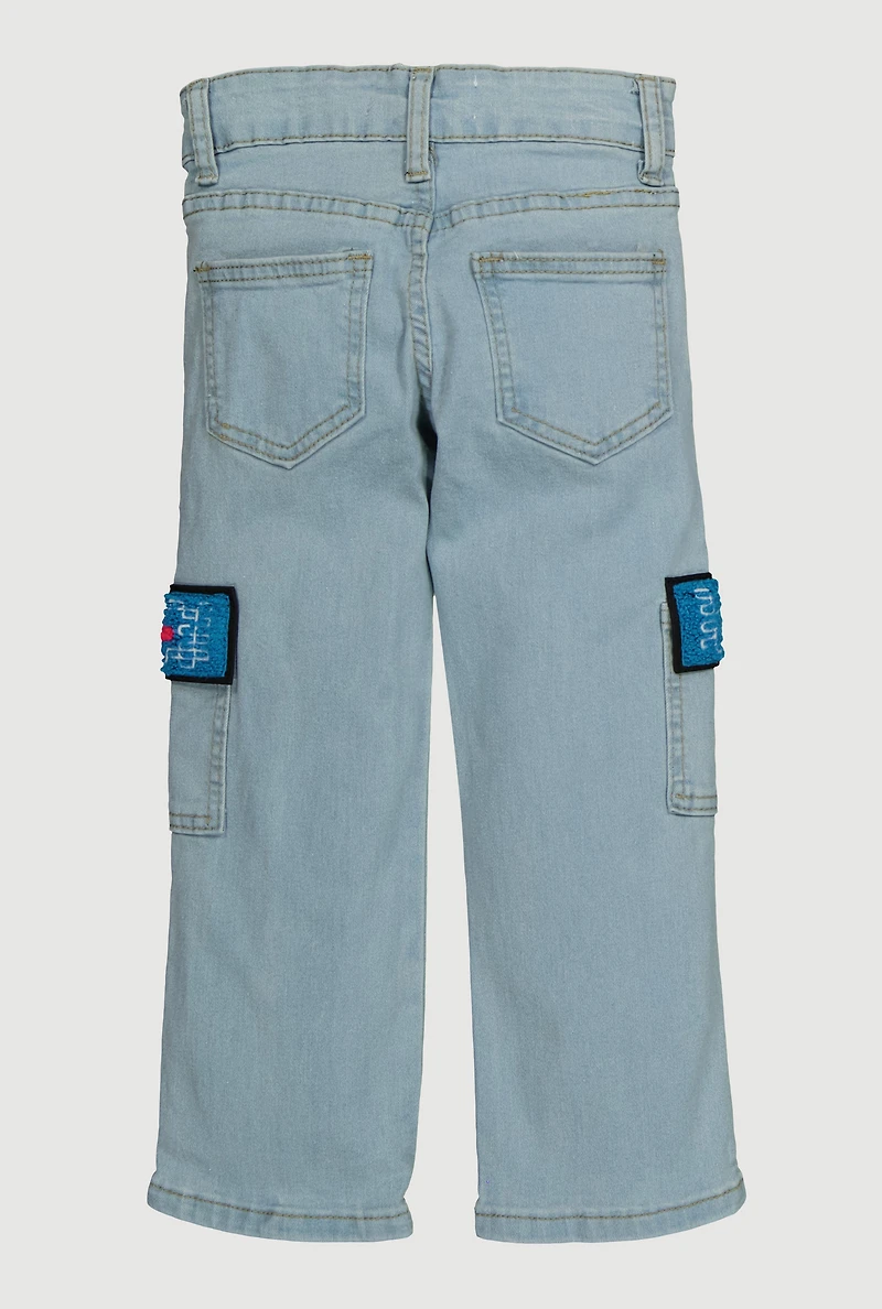 Little Girls Chenille Patch Cargo Pocket Straight Leg Jeans, Blue, Size 4