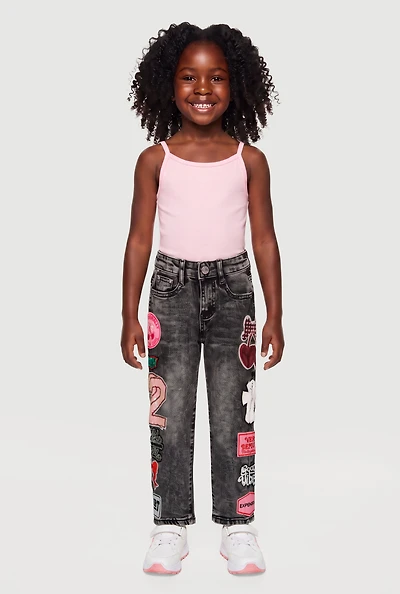 Little Girls Acid Wash Chenille Patch Graphic Straight Leg Jean