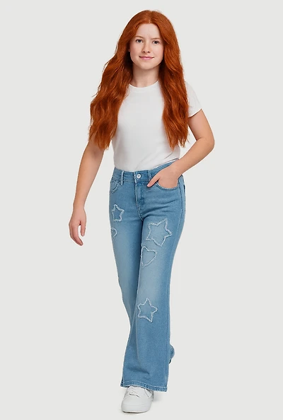 Girls Frayed Heart and Star Decorative Stitch Flare Jeans, Blue,
