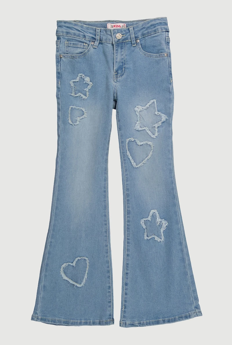 Girls Frayed Heart and Star Decorative Stitch Flare Jeans, Blue,