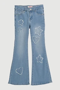 Girls Frayed Heart and Star Decorative Stitch Flare Jeans, Blue,