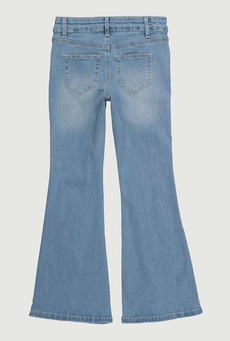 Girls Frayed Heart and Star Decorative Stitch Flare Jeans, Blue,
