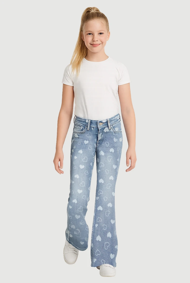 Girls Heart Print Flare Jeans, Blue, Size 8