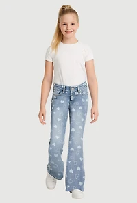 Girls Heart Print Flare Jeans, Blue, Size 12