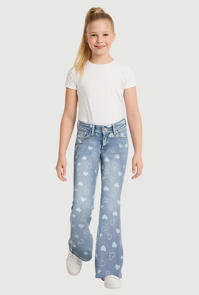 Girls Heart Print Flare Jeans, Blue, Size 14