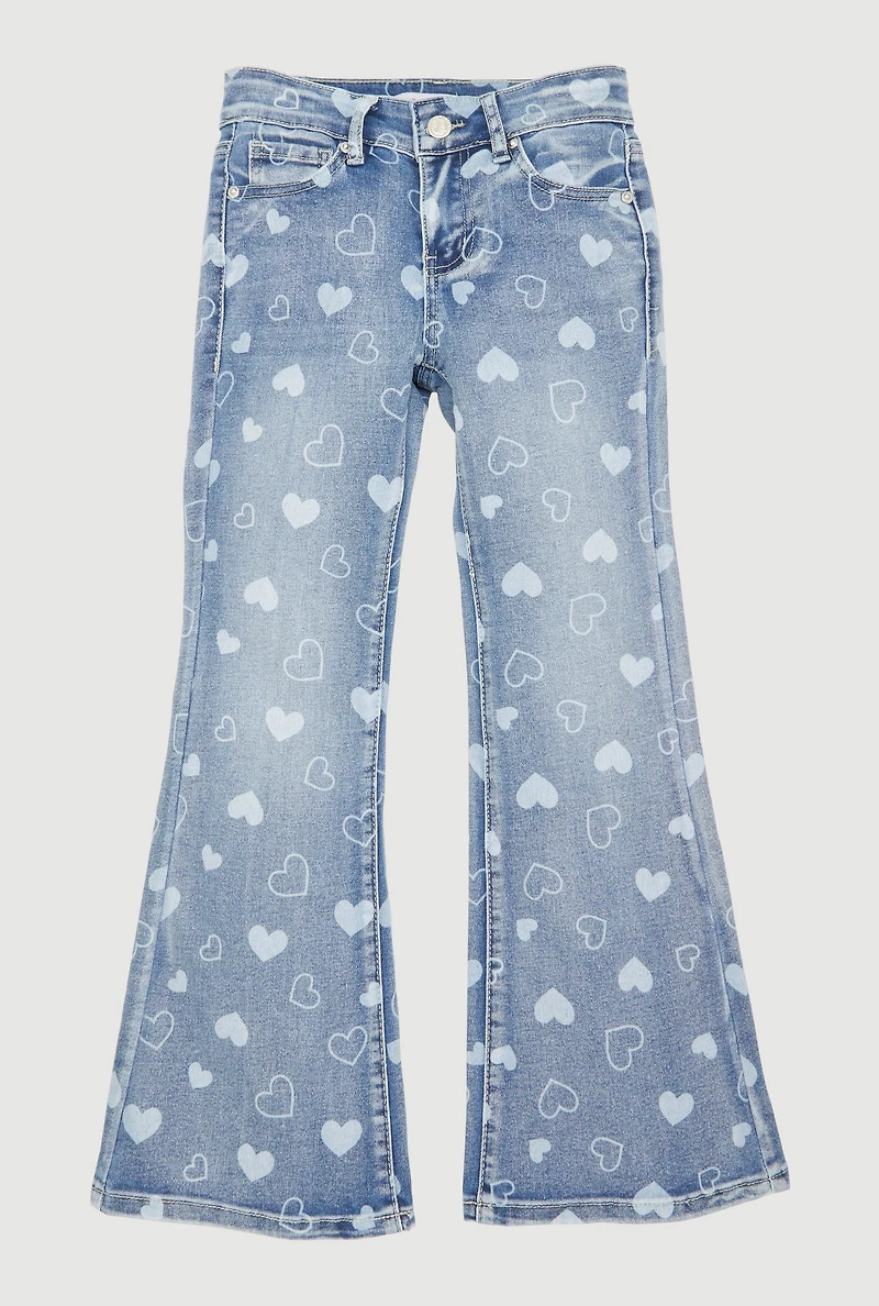 Girls Heart Print Flare Jeans, Blue, Size 8