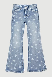 Girls Heart Print Flare Jeans, Blue, Size 8