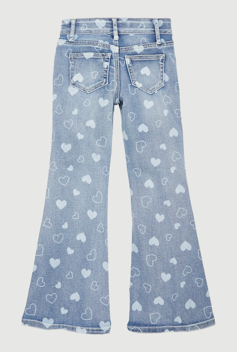Girls Heart Print Flare Jeans, Blue, Size 8