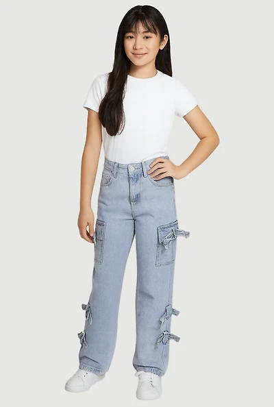Girls VIP Bow Detail Straight Leg Cargo Jeans, Blue, Size 14