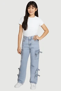 Girls VIP Bow Detail Straight Leg Cargo Jeans, Blue, Size 14
