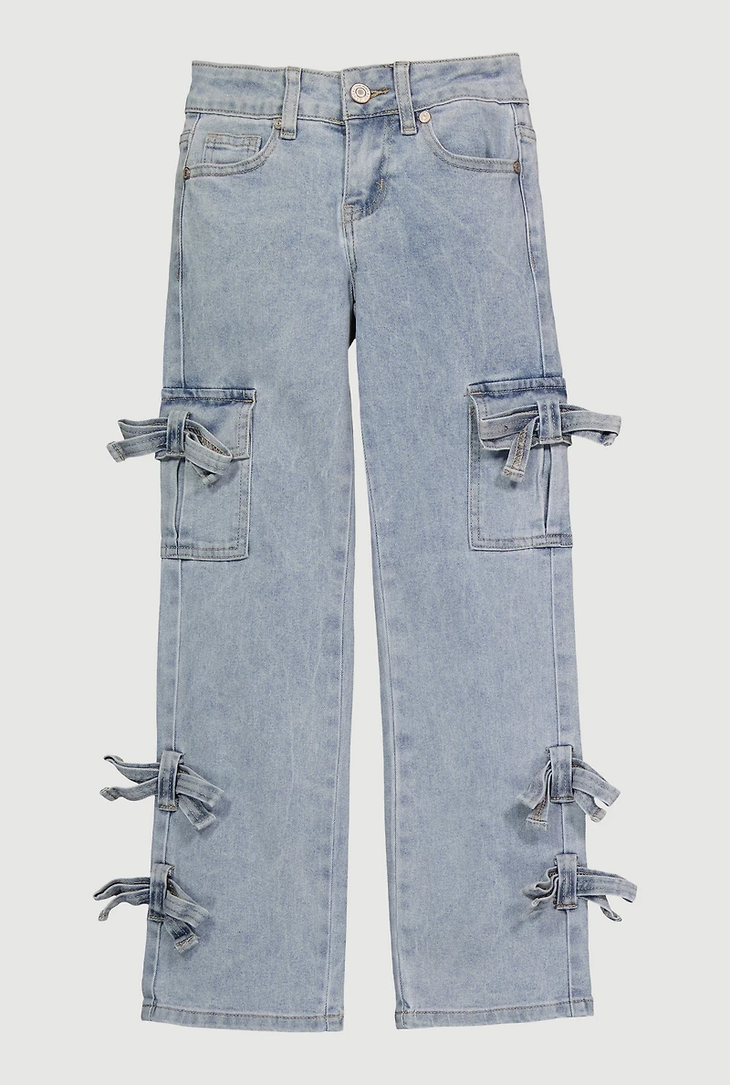 Girls VIP Bow Detail Straight Leg Cargo Jeans, Blue, Size 8