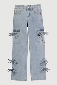 Girls VIP Bow Detail Straight Leg Cargo Jeans, Blue, Size 8
