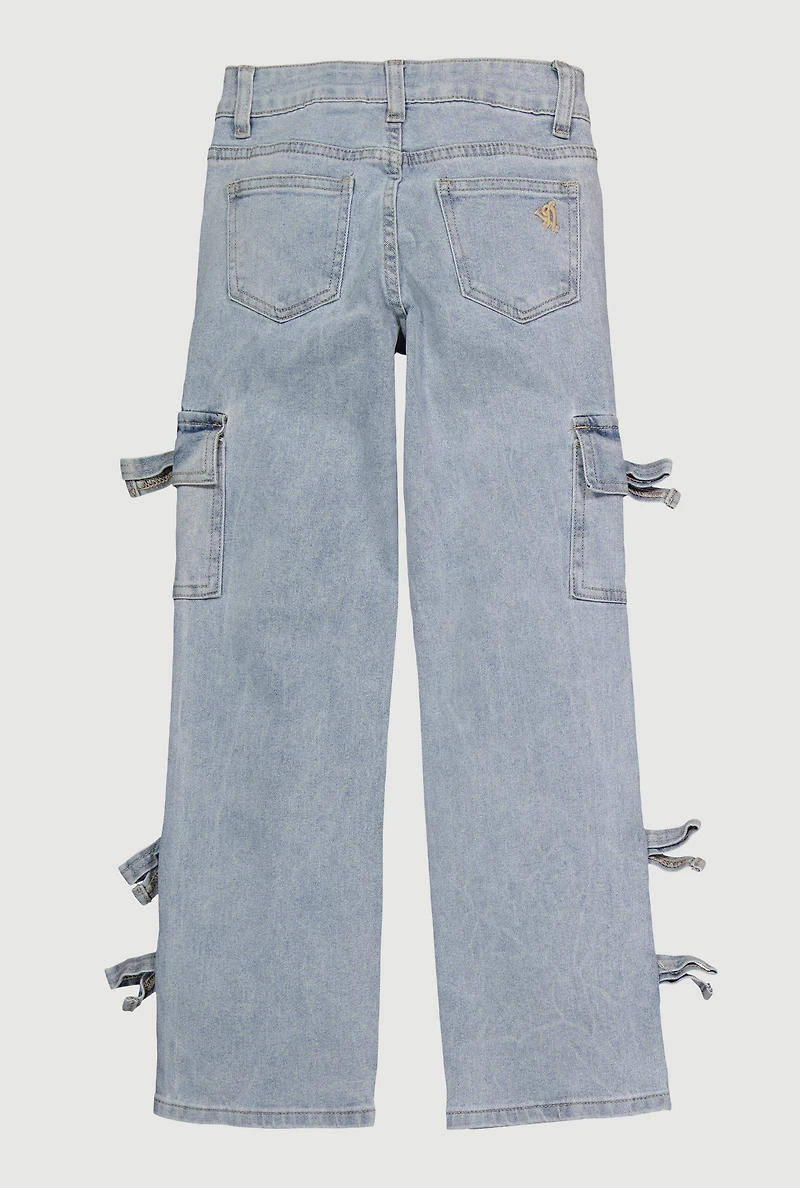 Girls VIP Bow Detail Straight Leg Cargo Jeans, Blue, Size 14